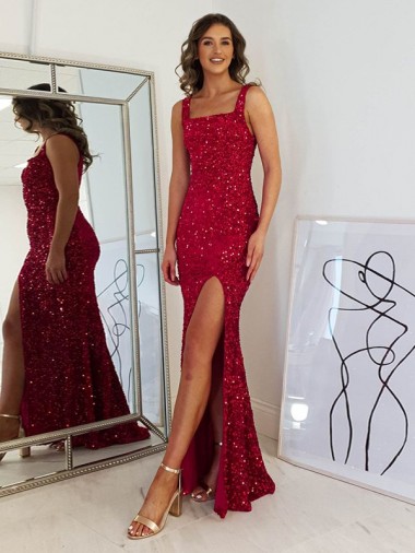 Shop Square Neck Sleeveless Long Velvet Sequin Prom Dress with Slit Ottawa