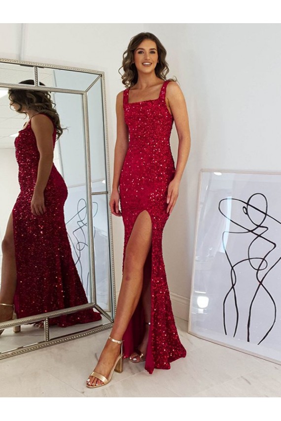 Shop Square Neck Sleeveless Long Velvet Sequin Prom Dress with Slit Ottawa