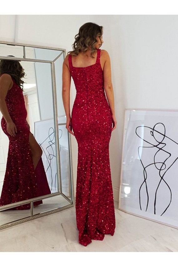 Shop Square Neck Sleeveless Long Velvet Sequin Prom Dress with Slit Ottawa