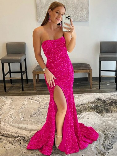 Shop Strapless Sleeveless Long Sweep Train Velvet Sequin Prom Dress with Side Slit Ottawa