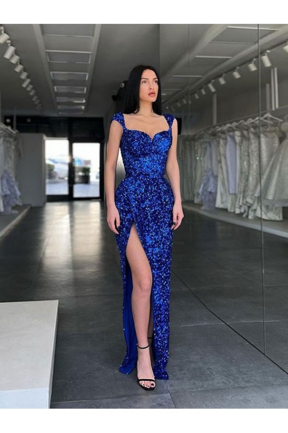 Shop Sleeveless Long Sweep Train Velvet Sequin Prom Dress with High Slit and Straps Ottawa