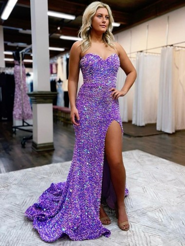 Shop A-Line Sweetheart Sleeveless Long Velvet Sequin Prom Dress with Slit Ottawa