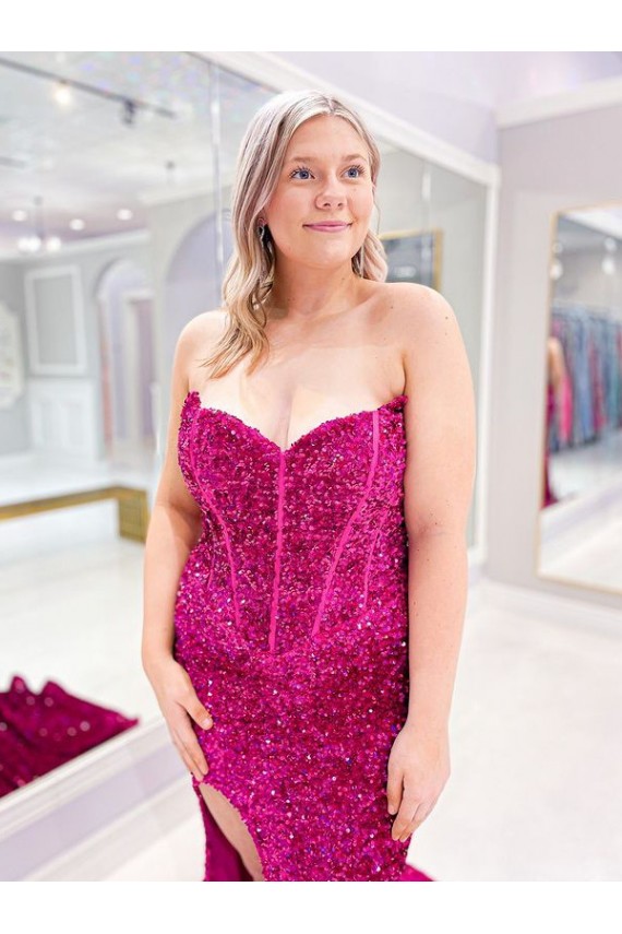 Shop Long Sweetheart Sleeveless Sweep Train Velvet Sequin Prom Dress with Slit Ottawa