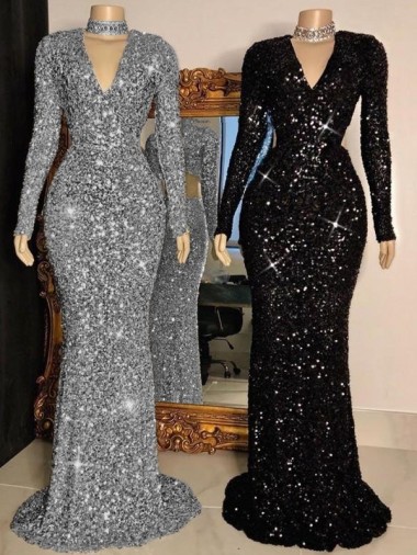Shop V-Neck Long Sleeves Long Sweep Train Velvet Sequin Prom Dress Ottawa