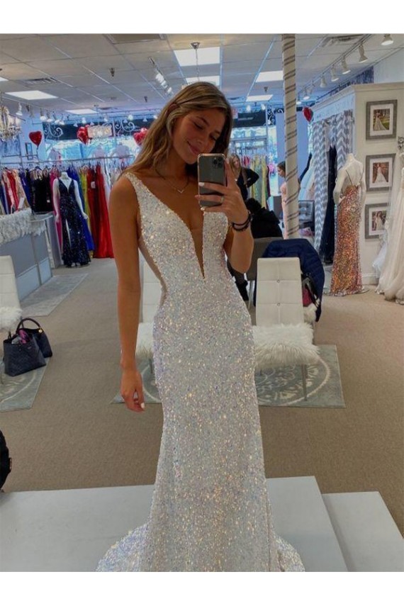 Shop V-Neck Sleeveless Long Velvet Sequin Prom Dress with Sweep Train Ottawa