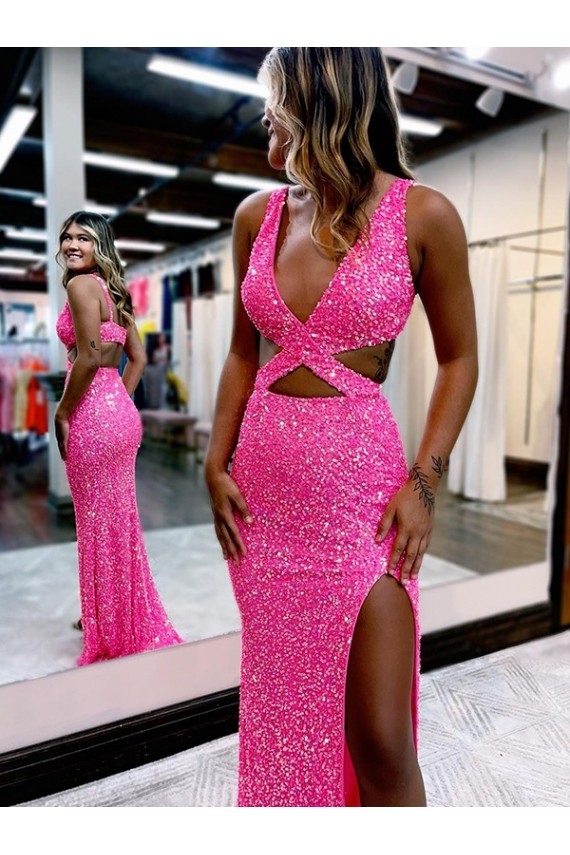 Shop Long V-Neck Sleeveless Sweep Train Velvet Sequin Prom Dress with High Slit Ottawa