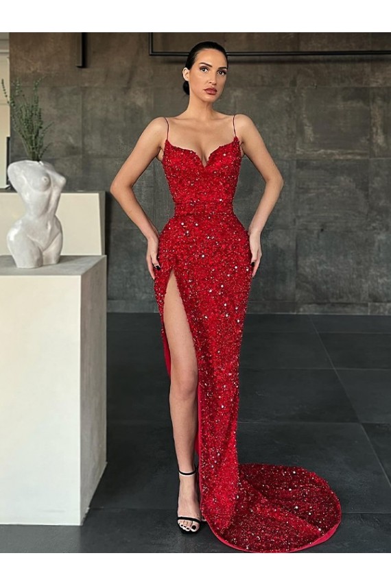 Shop V-Neck Sleeveless Long Sweep Train Velvet Sequin Prom Dress with High Side Slit Ottawa