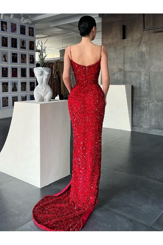 Shop V-Neck Sleeveless Long Sweep Train Velvet Sequin Prom Dress with High Side Slit Ottawa