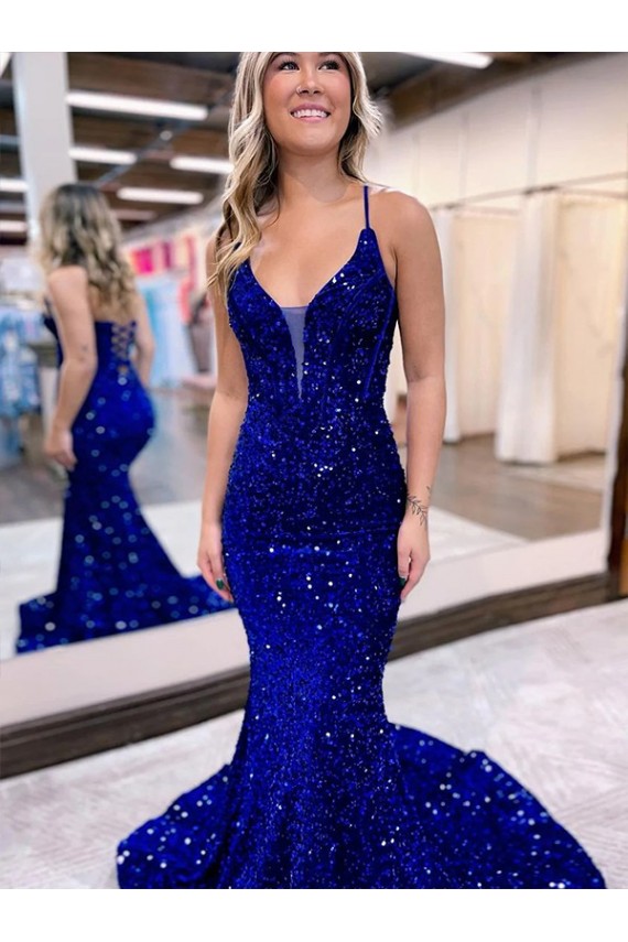 Shop Mermaid V-Neck Sleeveless Long Court Train Velvet Sequin Prom Dress Ottawa