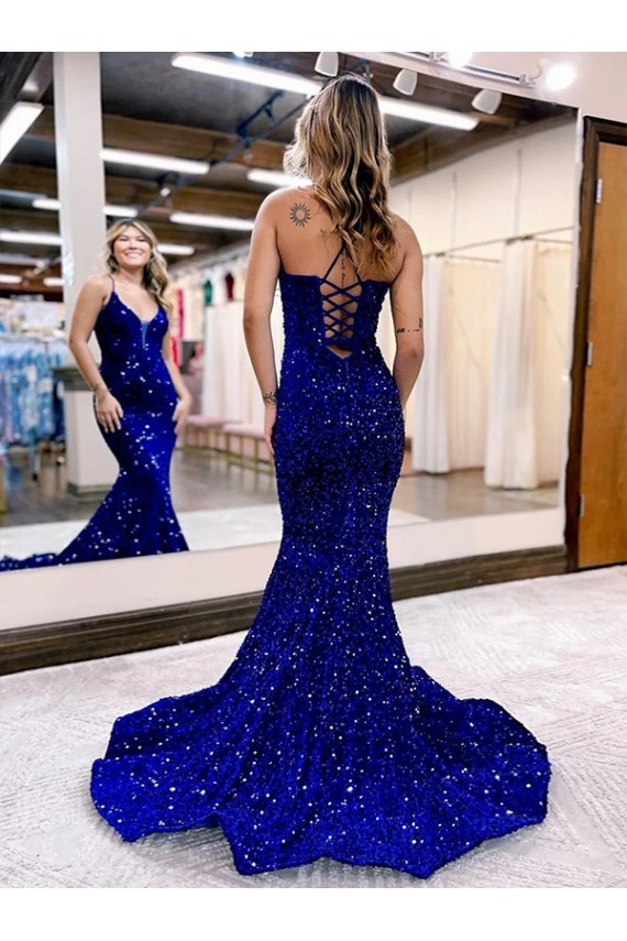 Shop Mermaid V-Neck Sleeveless Long Court Train Velvet Sequin Prom Dress Ottawa