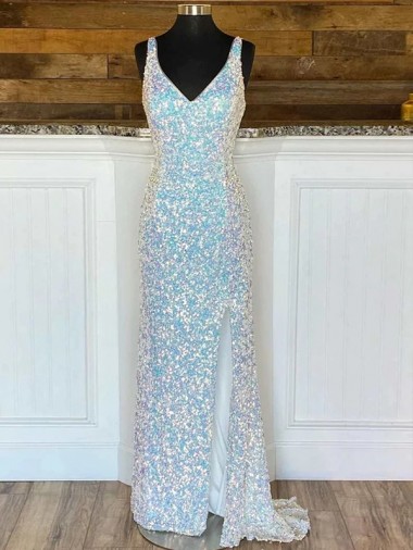 Shop V-Neck Sleeveless Long Sweep Train Velvet Sequin Prom Dress Ottawa