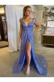 Shop A-Line V-Neck Sleeveless Long Court Train Velvet Sequin Prom Dress with High Slit Ottawa