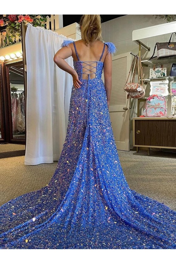 Shop A-Line V-Neck Sleeveless Long Court Train Velvet Sequin Prom Dress with High Slit Ottawa