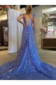 Shop A-Line V-Neck Sleeveless Long Court Train Velvet Sequin Prom Dress with High Slit Ottawa