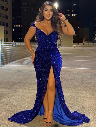 Shop V-Neck Sleeveless Long Sweep Train Velvet Sequin Prom Dress with Slit Ottawa