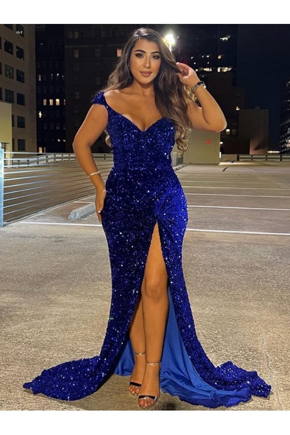 Shop V-Neck Sleeveless Long Sweep Train Velvet Sequin Prom Dress with Slit Ottawa