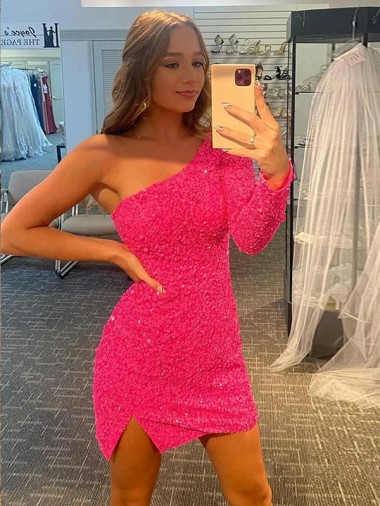 Shop Short Velvet Sequin One Shoulder Long Sleeves Prom Dress Ottawa