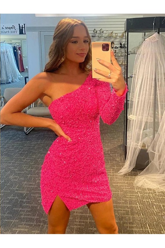 Shop Short Velvet Sequin One Shoulder Long Sleeves Prom Dress Ottawa
