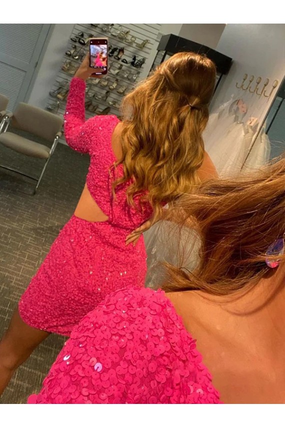 Shop One Shoulder Long Sleeves Short Velvet Sequin Prom Dress Ottawa