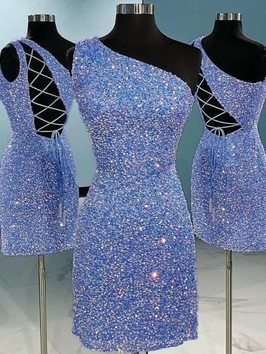 Shop Short Velvet Sequin One Shoulder Sleeveless Prom Dress Ottawa