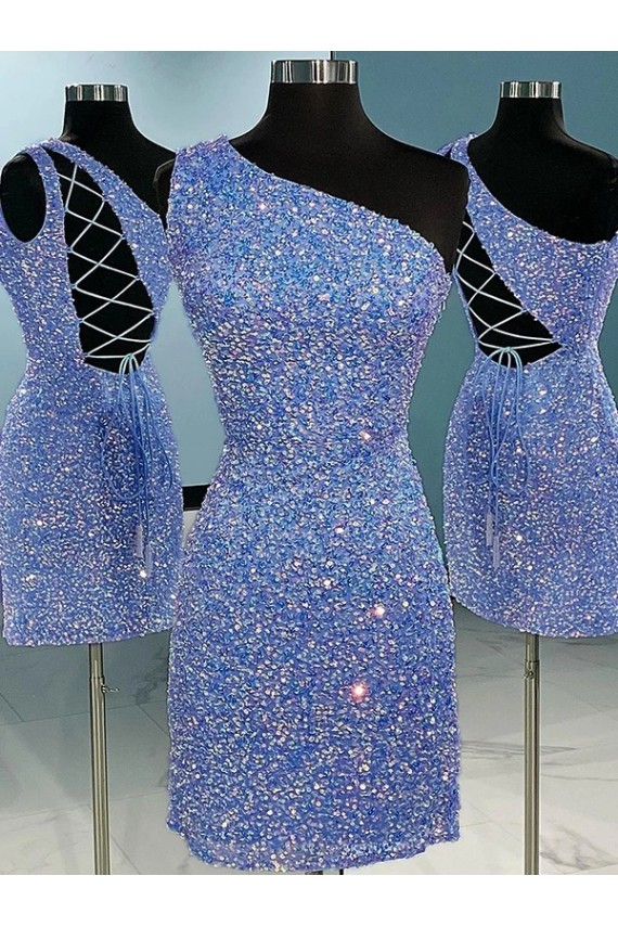 Shop Short Velvet Sequin One Shoulder Sleeveless Prom Dress Ottawa