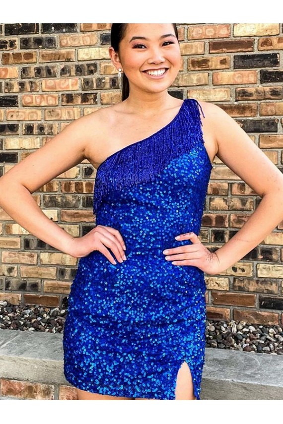 Shop One Shoulder Sleeveless Short Velvet Sequin Royal Blue Prom Dress Ottawa