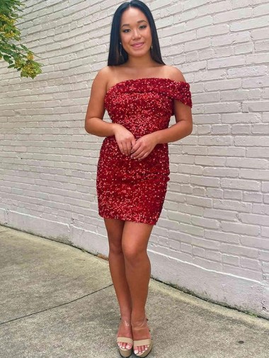 Shop Short One Shoulder Sleeveless Velvet Sequin Cocktail Prom Dress Ottawa