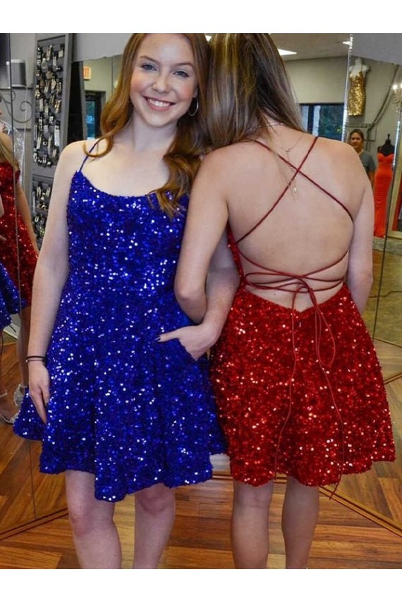 Shop A-Line Spaghetti Straps Sleeveless Short Velvet Sequin Prom Dress Ottawa