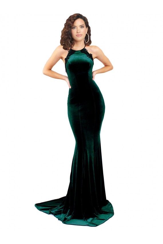Shop High Neck Formal Stretch Velvet Bridesmaid Dress / Prom Dress with Black Lace Embroidery Ottawa