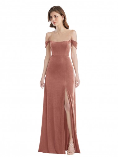 Shop Off the Shoulder Flounce Sleeve Velvet Maxi Bridesmaid Dress / Prom Dress with Pockets Ottawa