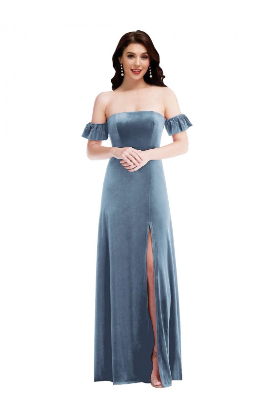 Shop Ruffle Sleeve Off the Shoulder Velvet Maxi Bridesmaid Dress / Prom Dress Ottawa