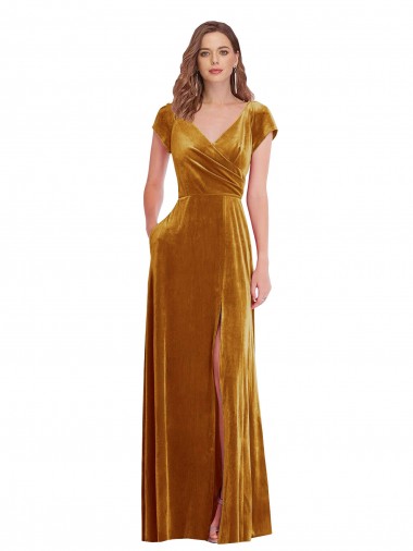Shop Cap Sleeve Faux Wrap Formal Velvet Maxi Bridesmaid Dress / Prom Dress with Pockets Ottawa