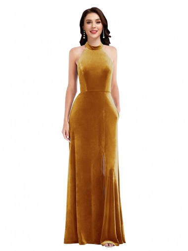 Shop High-Neck Halter Velvet Maxi Bridesmaid Dress / Prom Dress with Front Slit Ottawa