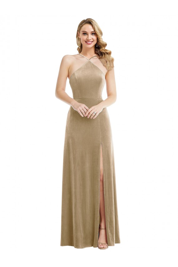 Shop High Neck Halter Open Back Long Velvet Maxi Bridesmaid Dress / Prom Dress & Pockets Ottawa