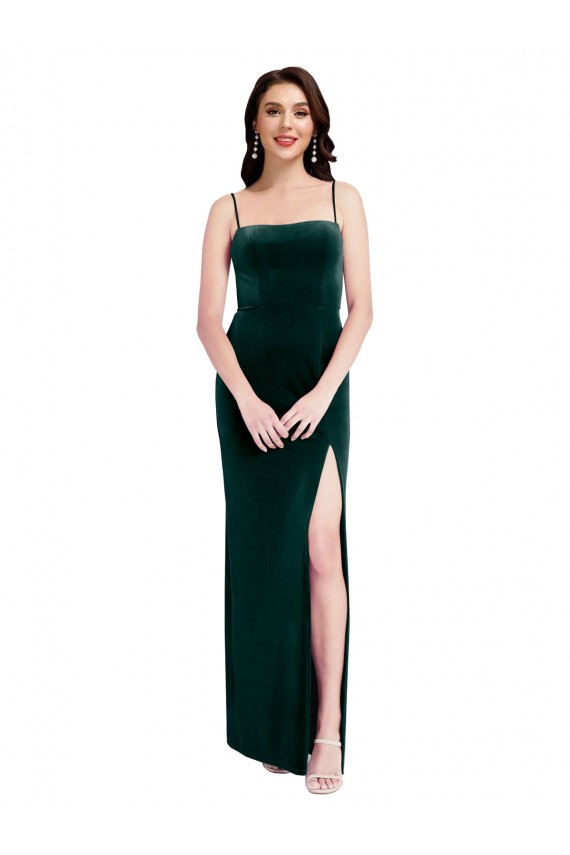 Shop Straight Neckline Spaghetti Straps Long Velvet Bridesmaid Dress / Prom Dress with High Side Slit Ottawa