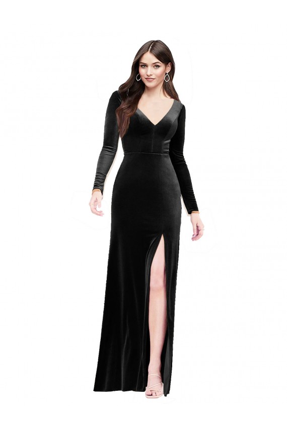 Shop Long Sleeves Formal Velvet Bridesmaid Dress / Prom Dress with V-Neckline and Thigh Slit Ottawa