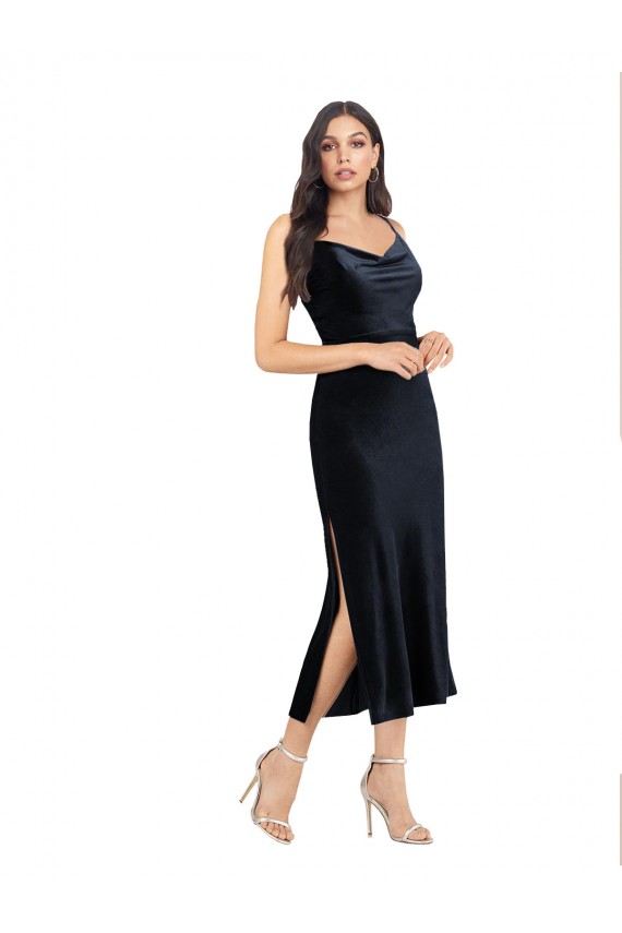 Shop Midi Cocktail Length Formal Velvet Bridesmaid Dress / Prom Dress with Cowl Neck and Spaghetti Straps Ottawa