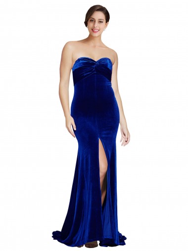 Shop Strapless Ruched Formal Velvet Bridesmaid Dress / Prom Dress with Sweep Train and Front Slit Ottawa
