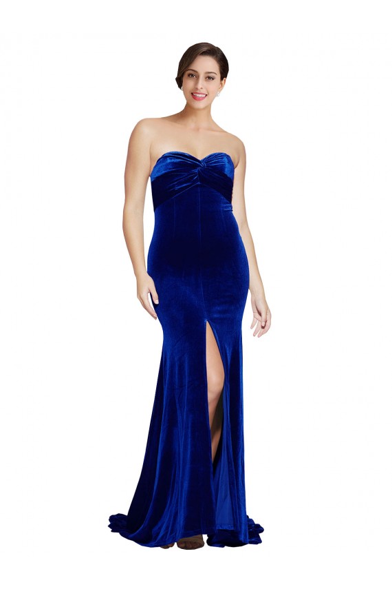 Shop Strapless Ruched Formal Velvet Bridesmaid Dress / Prom Dress with Sweep Train and Front Slit Ottawa