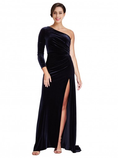 Shop One Sleeve Long Formal Velvet Bridesmaid Dress / Prom Dress with Thigh High Split Ottawa