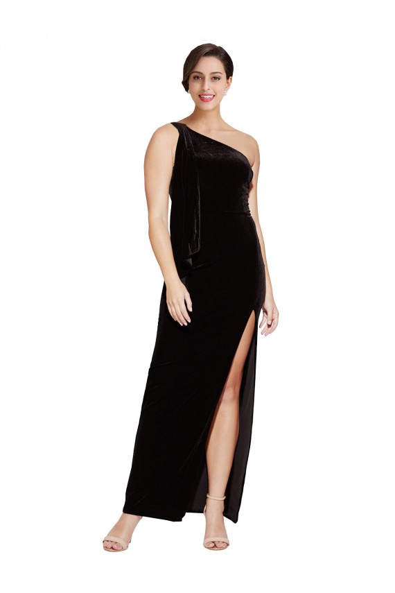 Shop One Shoulder Long Formal Velvet Bridesmaid Dress / Prom Dress with Side Split and Shoulder Tie Ottawa