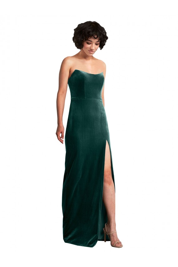 Shop Scooped Strapless Long Formal Velvet Bridesmaid Dress / Prom Dress with Daring Side Slit Ottawa