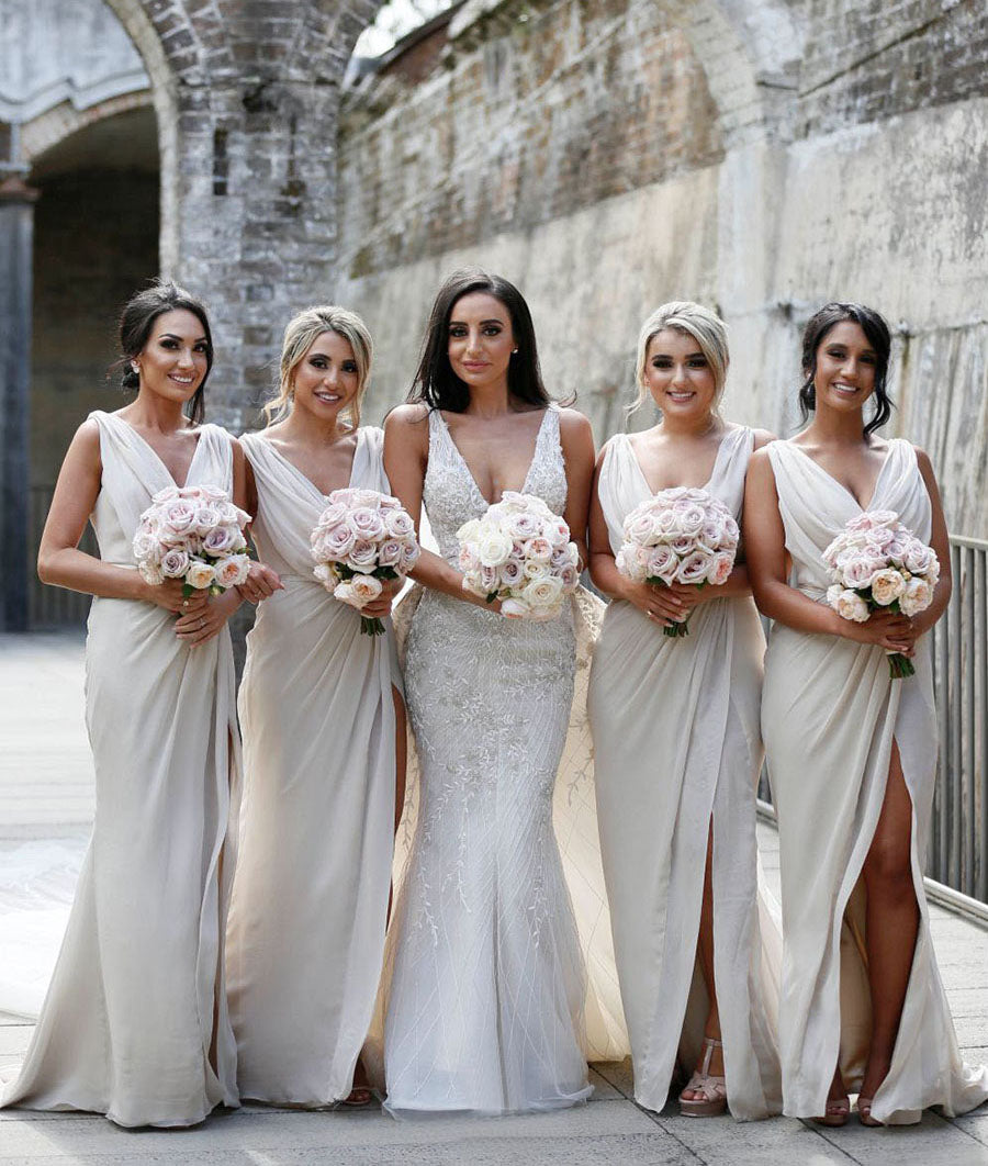 Full Length Luxe Chiffon Long Champagne bridesmaid dresses Ottawa with Sexy High Slit and Front Ruffles