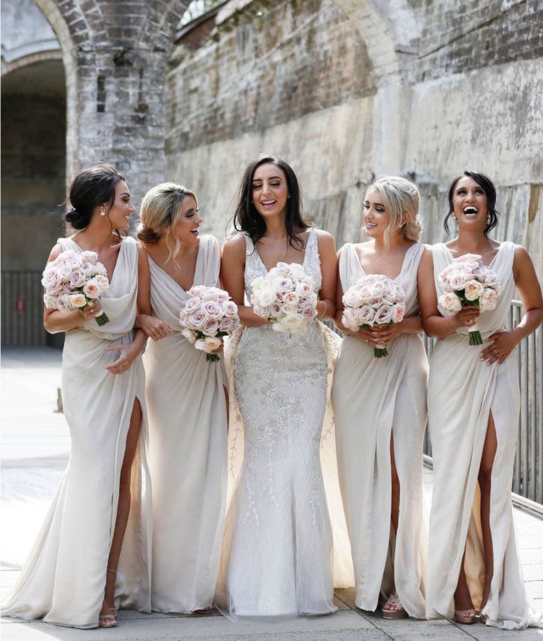 Full Length Luxe Chiffon Long Champagne bridesmaid dresses Ottawa with Sexy High Slit and Front Ruffles