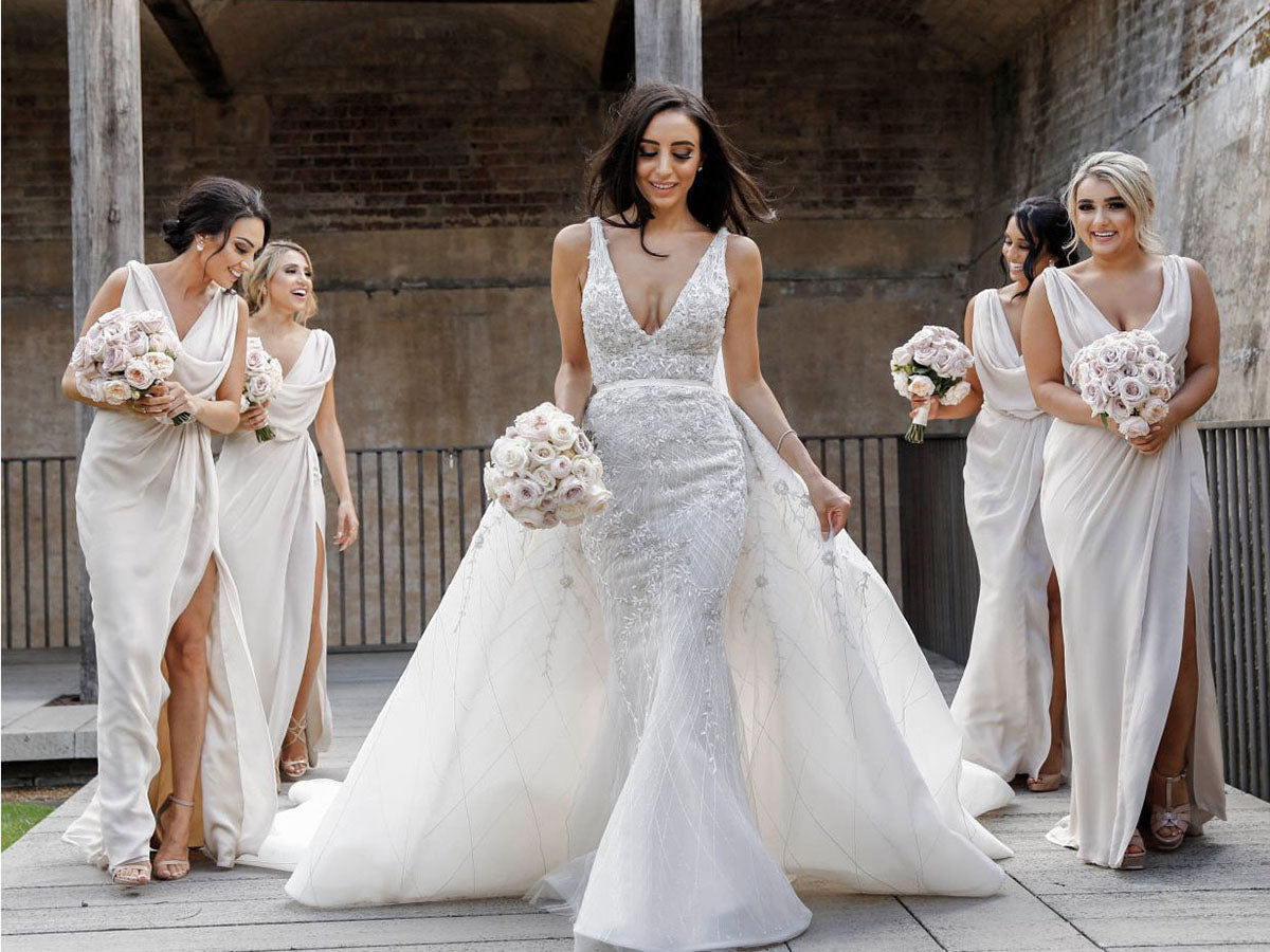 Full Length Luxe Chiffon Long Champagne bridesmaid dresses Ottawa with Sexy High Slit and Front Ruffles