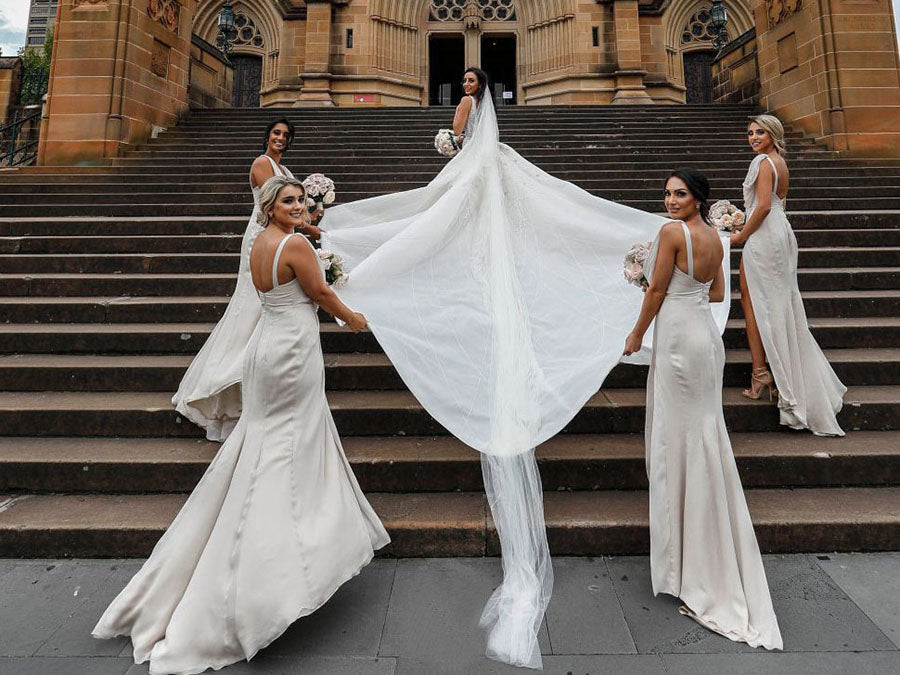 Full Length Luxe Chiffon Long Champagne bridesmaid dresses Ottawa with Sexy High Slit and Front Ruffles