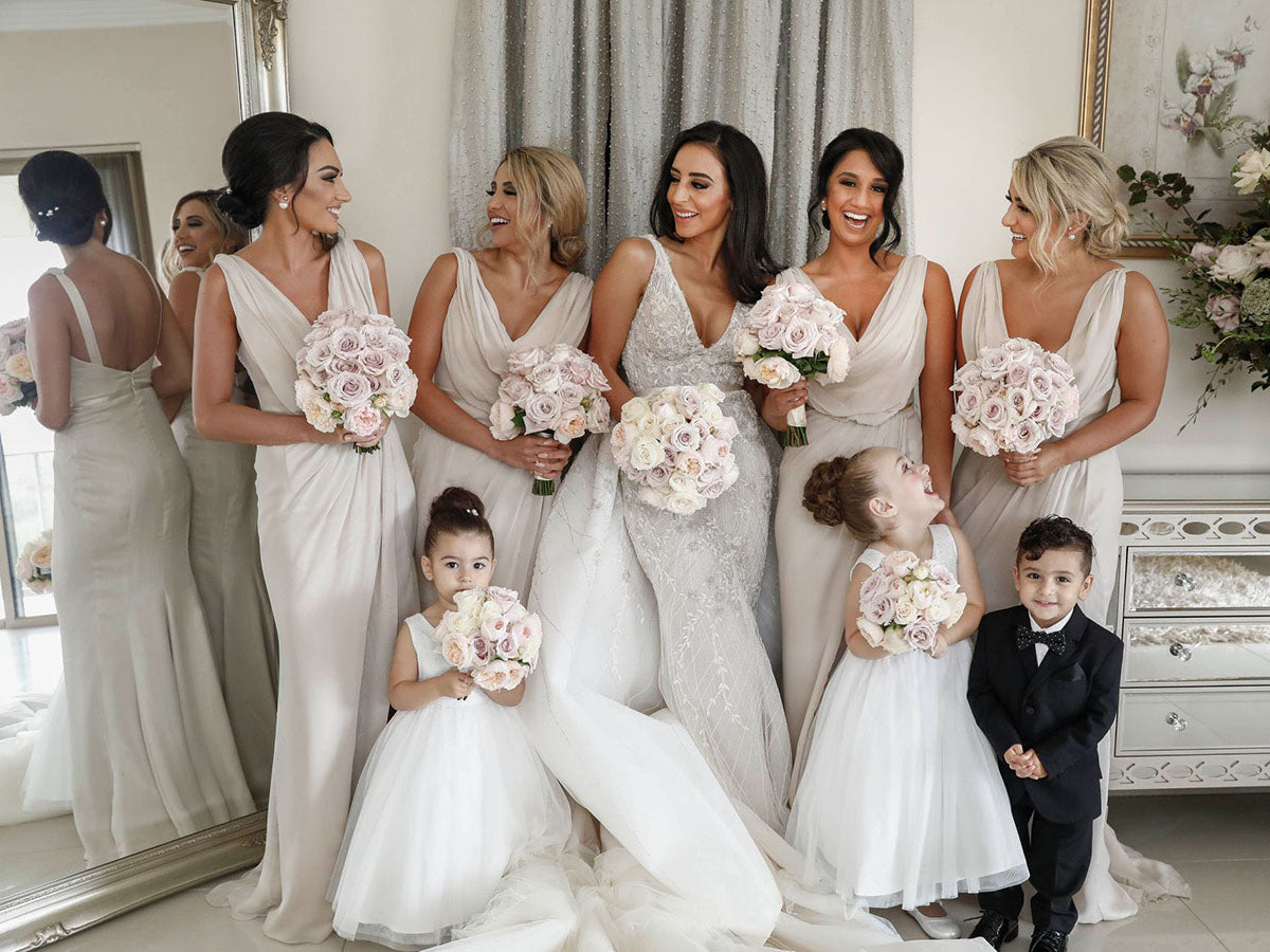Full Length Luxe Chiffon Long Champagne bridesmaid dresses Ottawa with Sexy High Slit and Front Ruffles