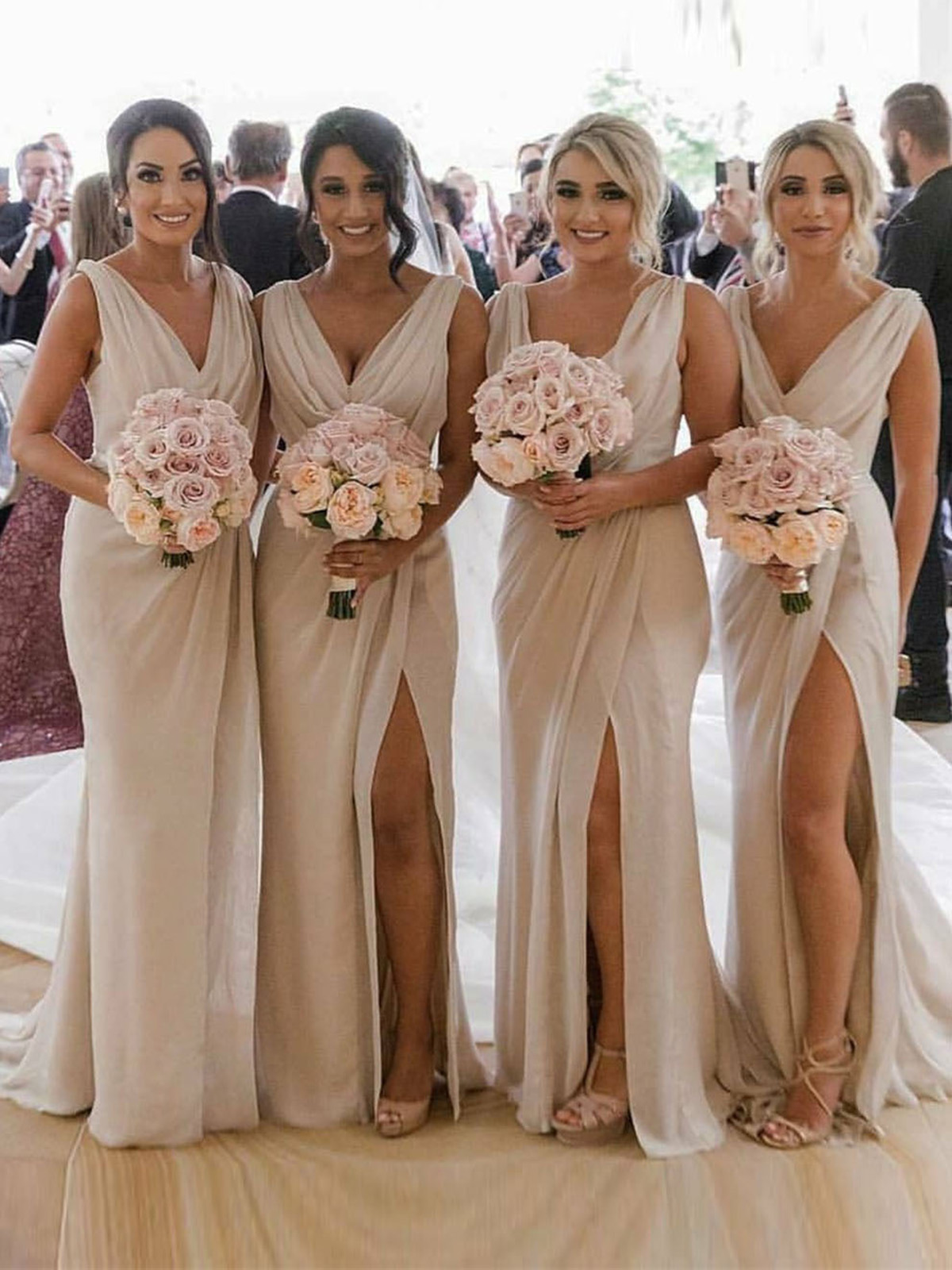 Champagne Full Length Luxe Chiffon Long Champagne bridesmaid dresses Ottawa with Sexy High Slit and Front Ruffles